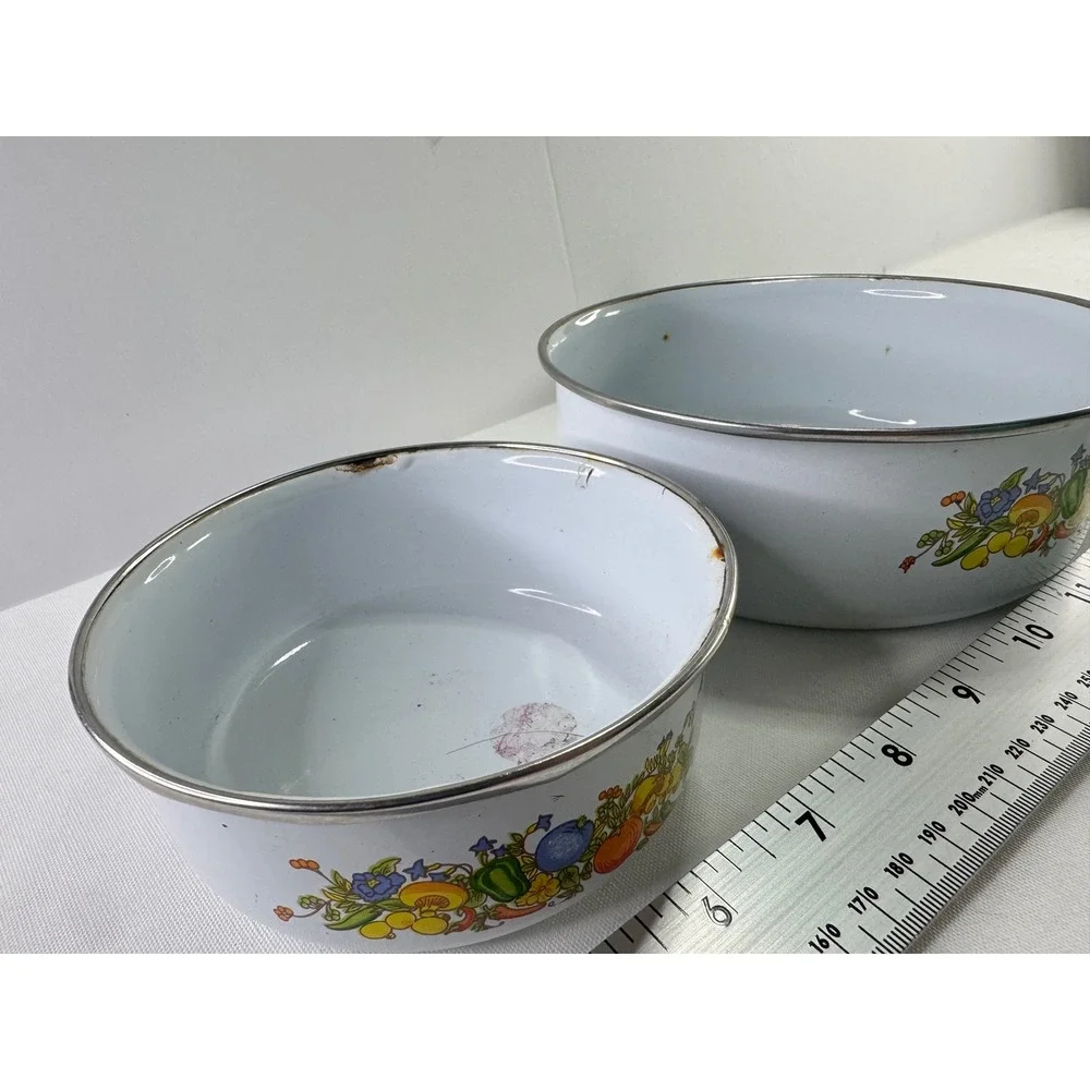Vintage Enamelware Nesting Bowls Set White Fruit‎ Vegetable Mushroom Floral 2pc